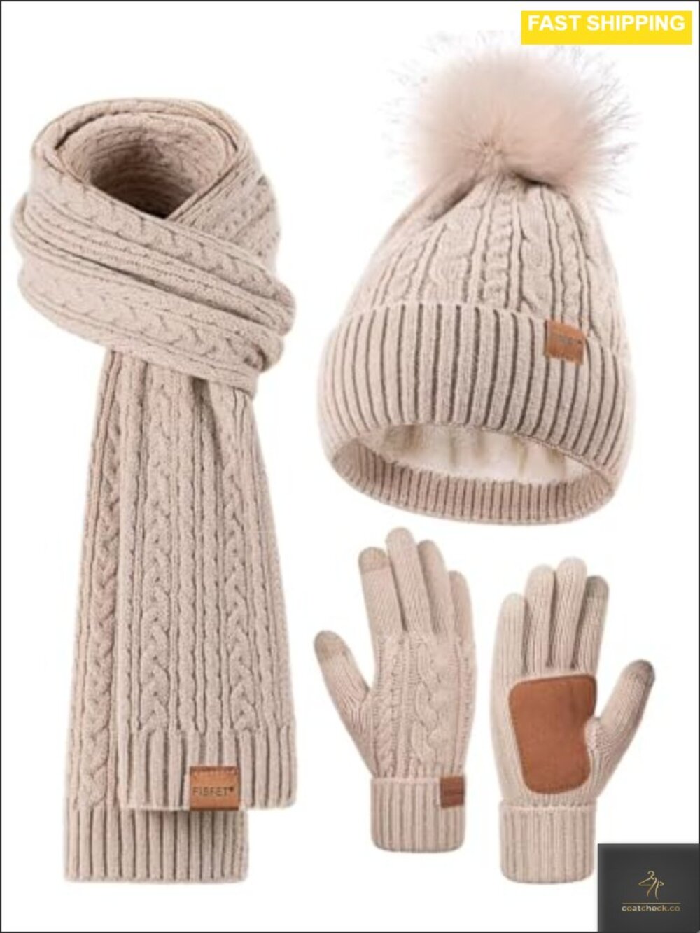 Alpaca Wool Beanie Scarf Gloves Set Pom Pom Fleece Lined Touchscreen